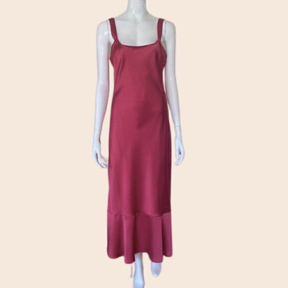 Urban Outfitters Raspberry Pink Satin Maxi Ruffle Slip Dress Size Medium - Picture 1 of 11